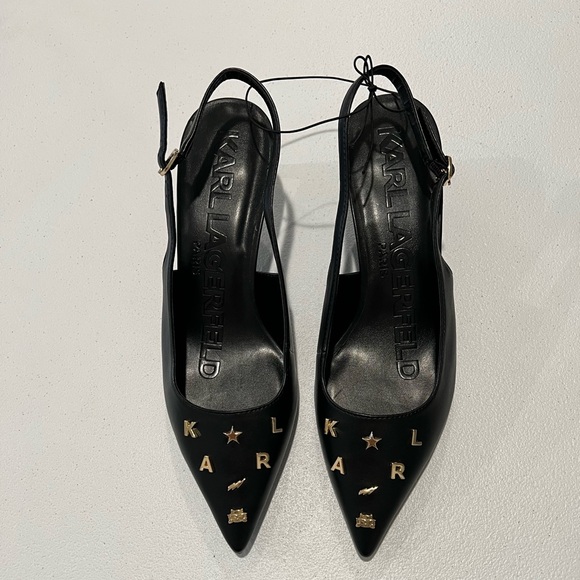 Karl Lagerfeld Black Heels with Gold Accents 10 MNWOT